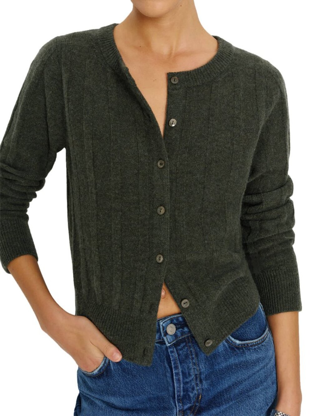 Reformation Hannah Crew Cardigan Forest Green Ribbed Merino Wool S